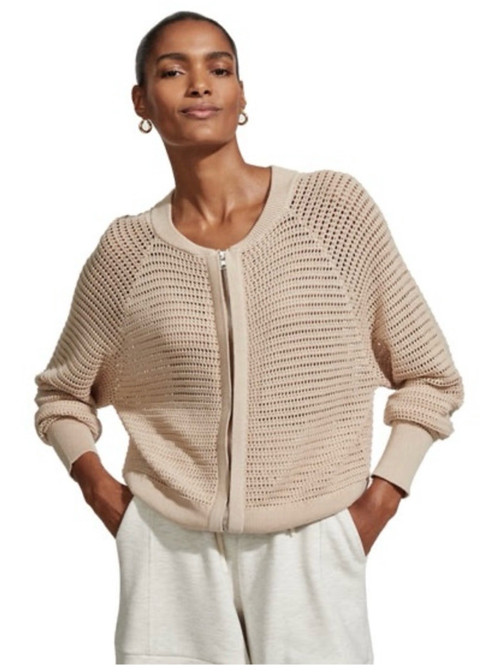 Varley Cameron Mesh Open Knit Zip Sweater Jacket Beige Tan XS